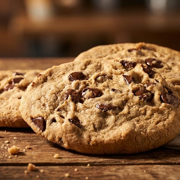 Three chocolate chip cookies on a rustic wooden table with crumbs and a linen napkin.