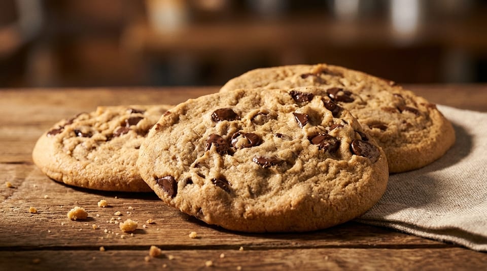 Three chocolate chip cookies on a rustic wooden table with crumbs and a linen napkin.