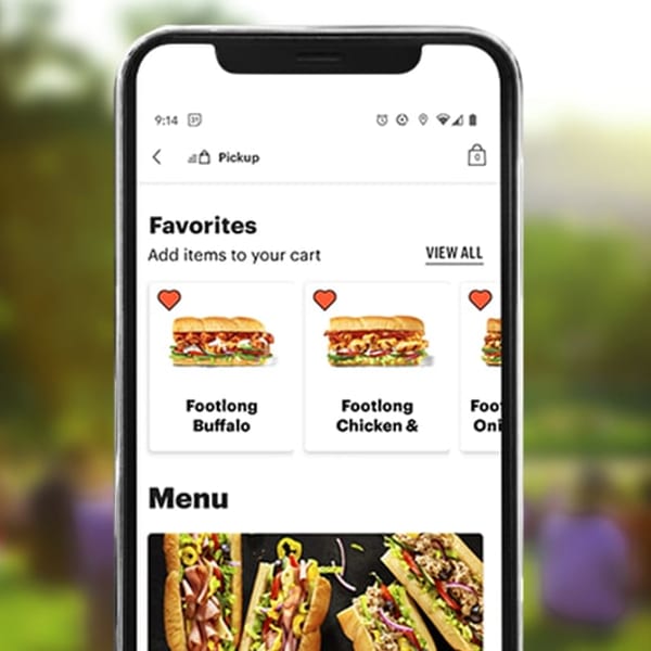 A smartphone displays a Subway app with Footlong Buffalo and Chicken & Onion subs listed as favorites.