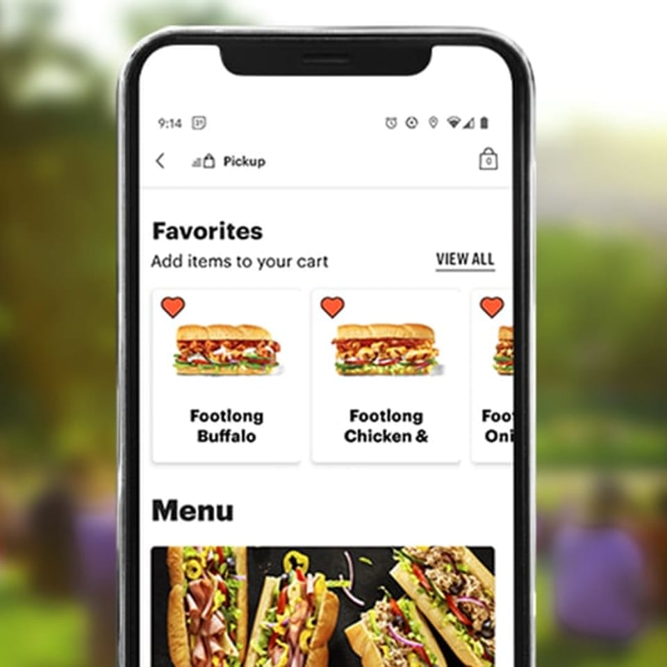 A smartphone displays a Subway app with Footlong Buffalo and Chicken & Onion subs listed as favorites.