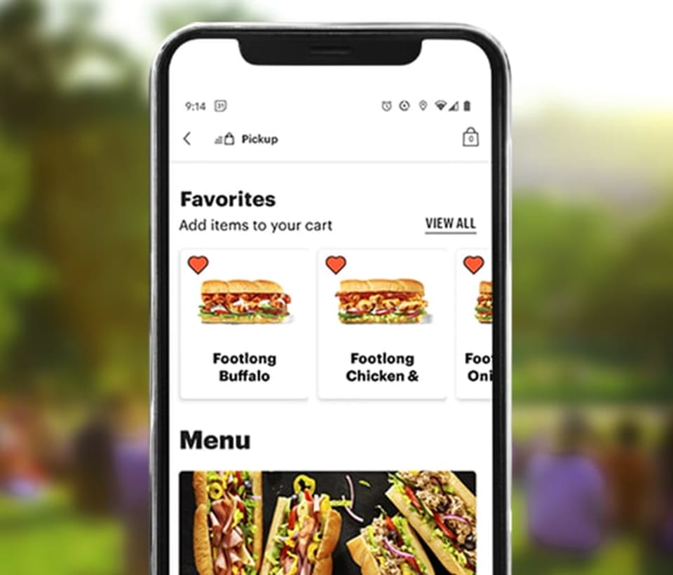 A smartphone displays a Subway app with Footlong Buffalo and Chicken & Onion subs listed as favorites.