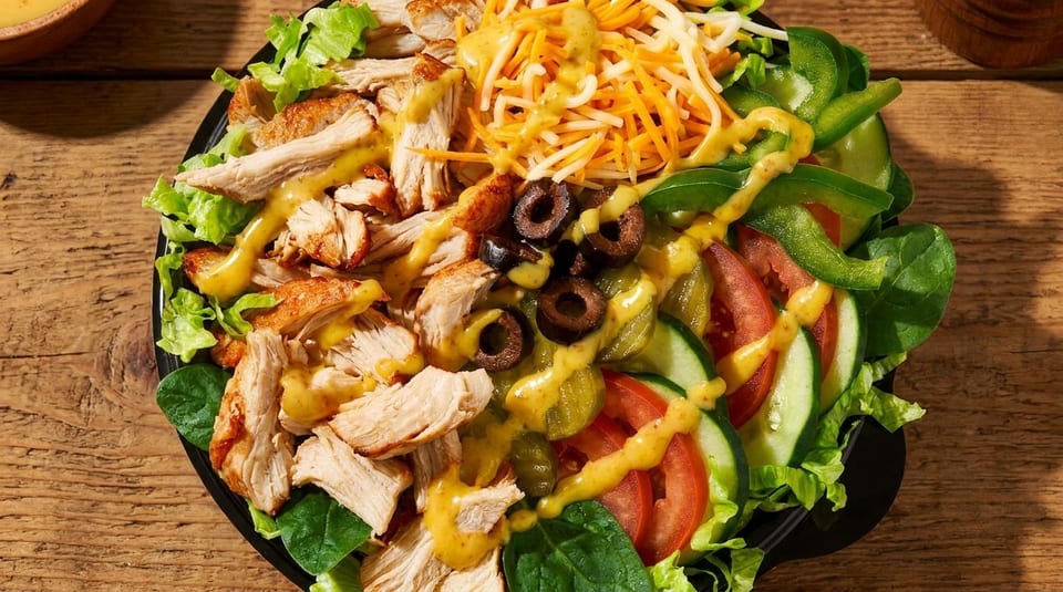 Close-up of a vibrant salad with grilled chicken, shredded cheese, olives, and vegetables, drizzled with dressing.