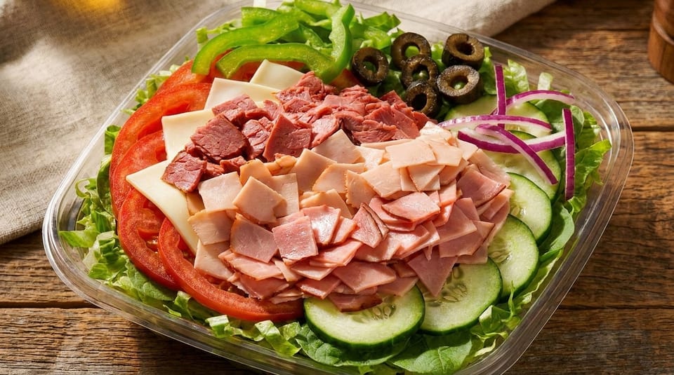 A clear plastic container filled with a fresh salad, featuring various meats, cheeses, and vegetables.