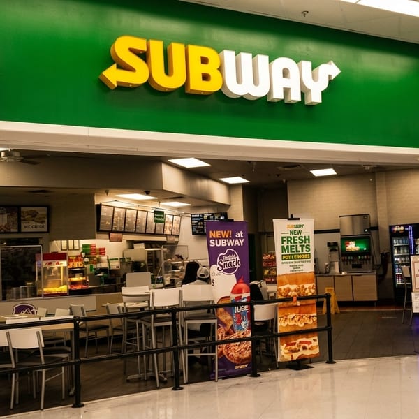 Subway restaurant entrance with its iconic yellow and white logo, alongside a Mama Eluca's Pizza sign.